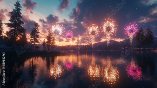 A stunning outdoor New Yeara??s fireworks display over a serene lake, reflecting vibrant colors on the watera??s surface, creating a magical ambiance. photo