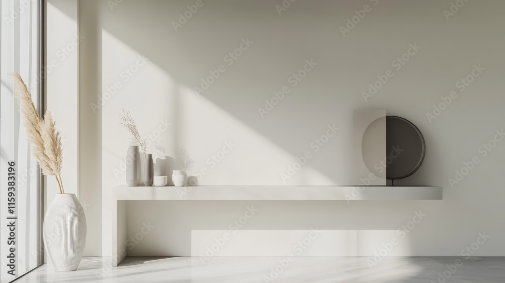 Fototapeta premium Modern minimalist entryway with minimal furnishings. Featuring a clean, open design with sleek lines