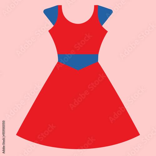 red dress with blue accents vector, a minimal vector illustration of a red dress featuring blue shoulder details and a matching blue waistband, set on a pink background.  
