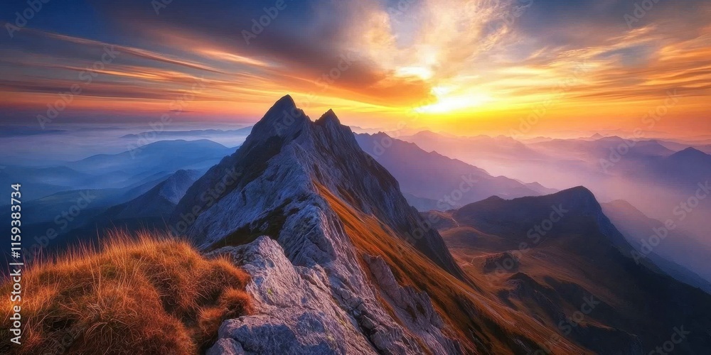Obraz premium Golden sunlight spills over majestic mountains, casting stunning shadows across valleys as the day begins, creating a breathtaking natural panorama. Generative AI