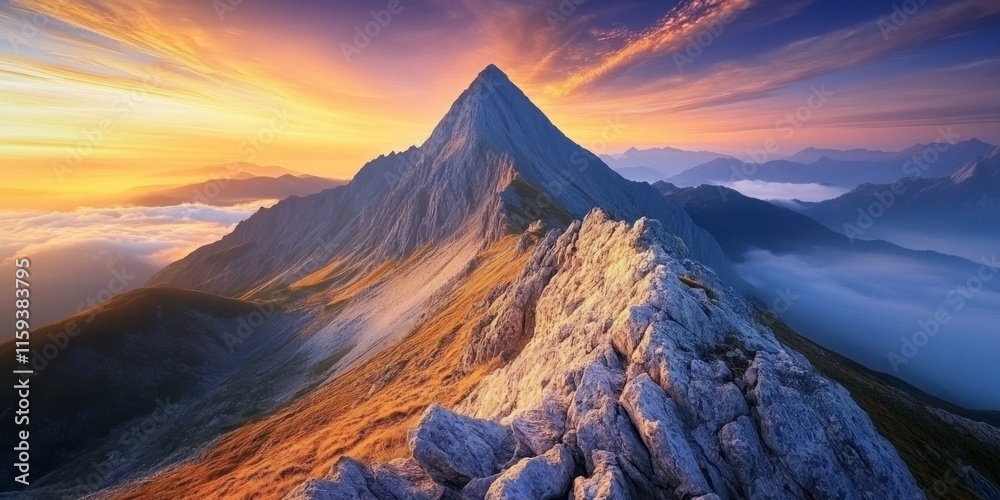 Obraz premium A stunning mountain peak towers above the clouds as the sun sets, casting vibrant colors across the sky and illuminating the rocky landscape. Generative AI