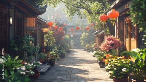 Serene Chinese Alleyway With Red Lanterns And Lush Greenery