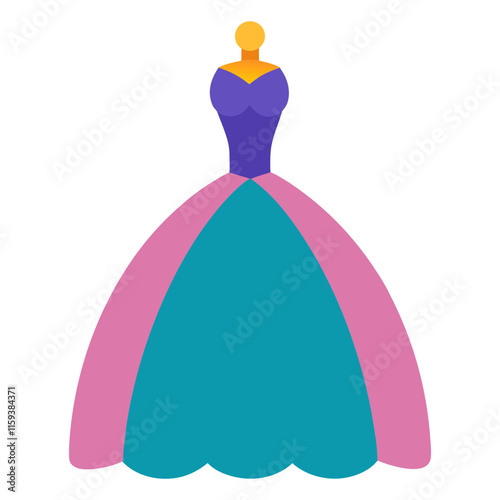 purple, teal, and pink ball gown vector, vector illustration of a colorful ball gown featuring a purple bodice, teal skirt, and pink overlay, designed in a minimal flat style.  
