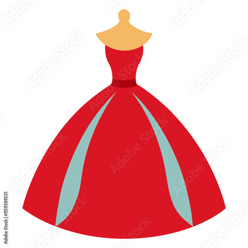 red ball gown with blue accents vector, vector illustration of an elegant red ball gown featuring light blue accent panels and a fitted bodice, designed in a flat style.
