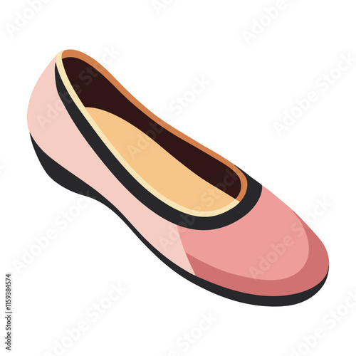 pink ballet flat shoe with black sole vector, vector illustration of a pink ballet flat shoe featuring a rounded toe, black sole, beige insole, and black trim, designed in a flat style.
