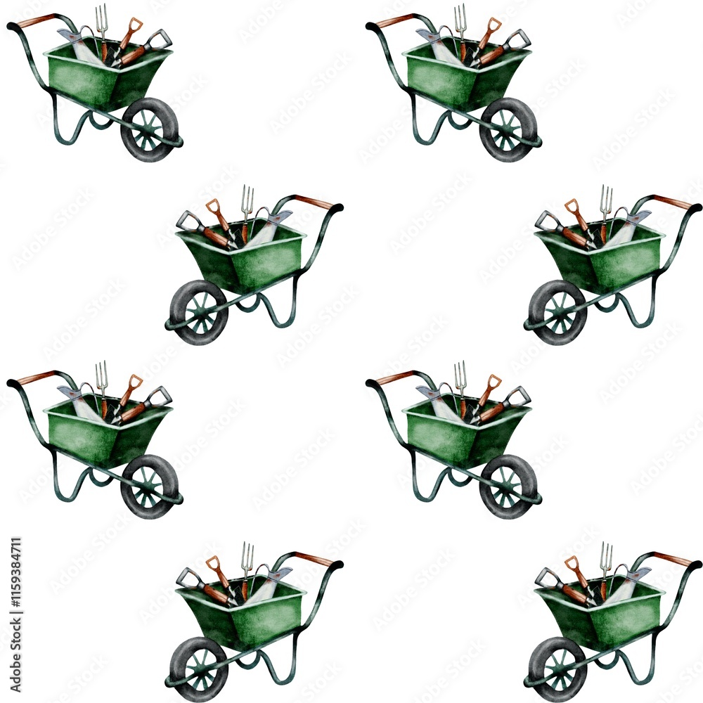 Gardening tools in multiple green wheelbarrows arranged in a repeating pattern