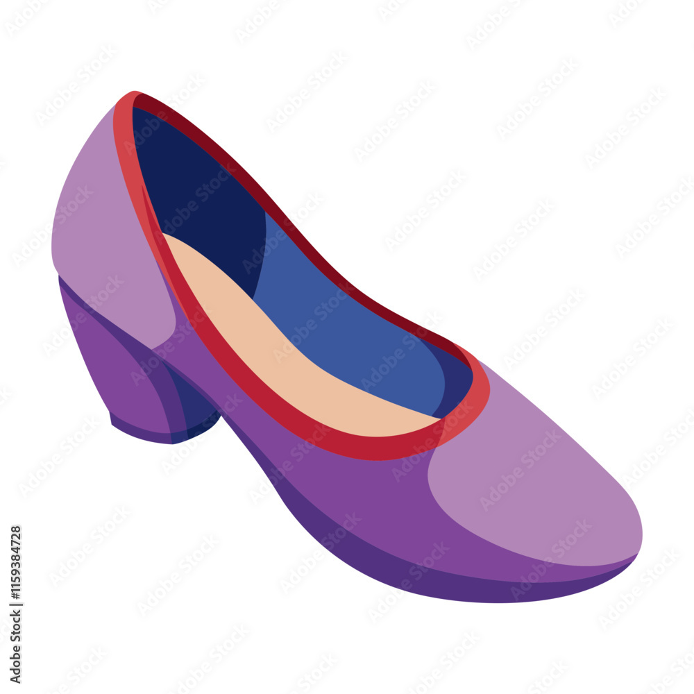 purple low-heeled shoe with red trim vector, vector illustration of a purple low-heeled shoe featuring red trim, a beige insole, and a stylish rounded design in a flat style.
purple low-heeled shoe with red trim vector, vector illustration of a purple low-heeled shoe featuring red trim, a beige insole, and a stylish rounded design in a flat style.