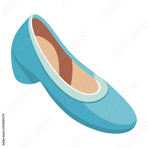 blue low-heeled shoe vector illustration, vector illustration of a blue low-heeled shoe with a rounded toe, light beige insole, and sleek design, in a modern flat style.
