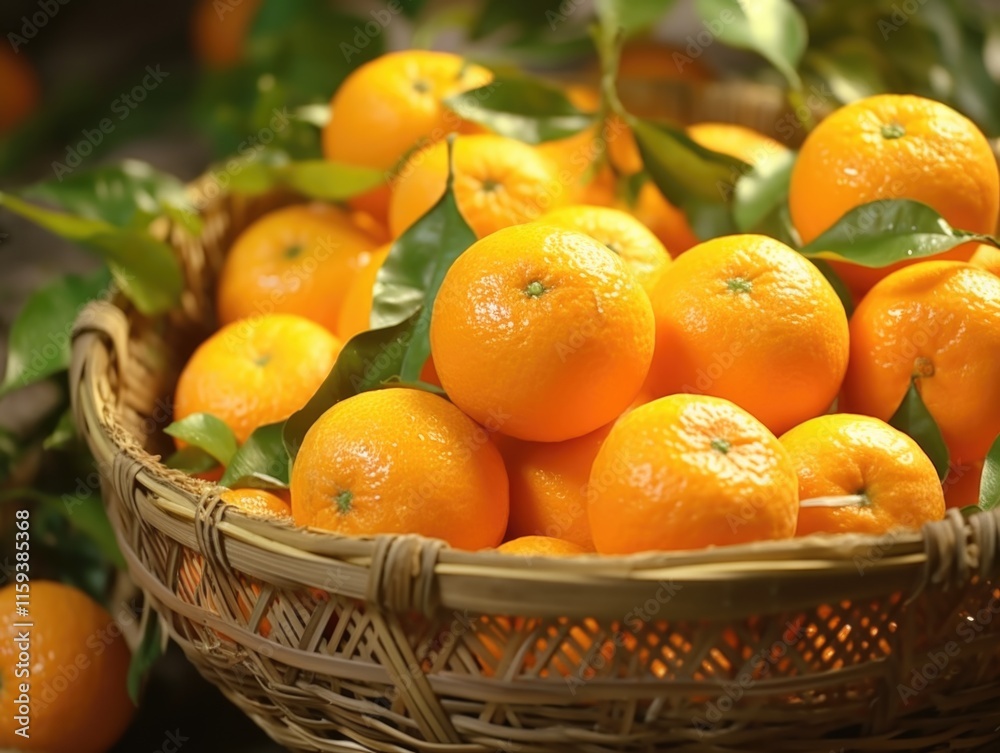 Basket full of oranges with green leaves. The oranges are ripe and ready to eat. The basket is made of woven material and is placed on a table Basket full of oranges with green leaves. The oranges are ripe and ready to eat. The basket is made of woven material and is placed on a table