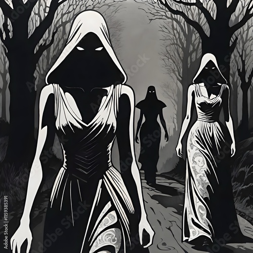 Cult women walking like zombies on a path through the forest, retro vintage comic book art genre, Halloween vibe photo