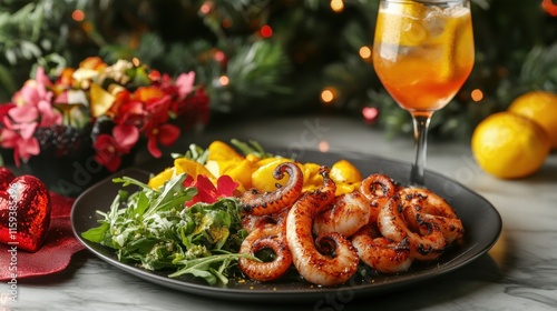 Romantic valentine's day dining experience featuring grilled octopus with lemongarlic dressing cozy restaurant setting photo