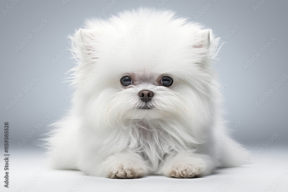 A stunning white Pomeranian dog with fluffy fur, posing adorably against a soft gray background. A stunning white Pomeranian dog with fluffy fur, posing adorably against a soft gray background.