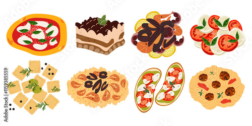 Set of Italian cuisine illustrations. Cute vector retro stickers of traditional products and dishes, caprese, seafood risotto, ravioli, margherita pizza, tiramisu. Italian food set