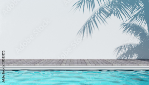 3d rendering image of poolside wooden terrace with coconut leaves shadow casting on the wall. Represent image feeling of vacation, party, poolside atmosphere, travel or summer.
