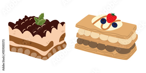 Popular desserts of the world. Italian tiramisu dessert. French dessert millefeuille. Retro vector stickers for bakery and coffee shops