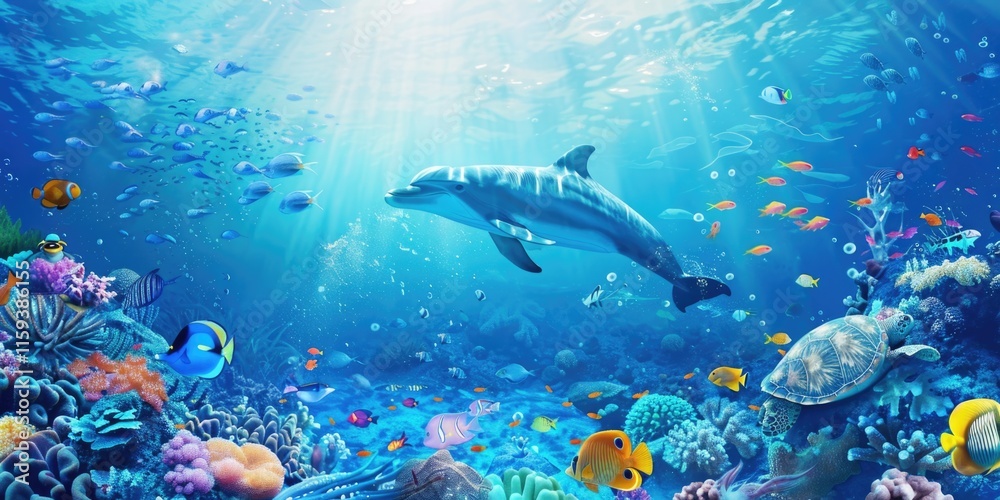 Fototapeta premium Vibrant marine life at a coral reef. Variety of colorful fish swimming in clear blue water.