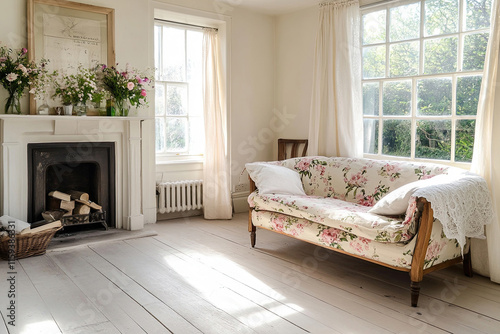 Lichtdurchflutetes Cottagecore-Wohnzimmer mit floralem Sofa und Holzofen