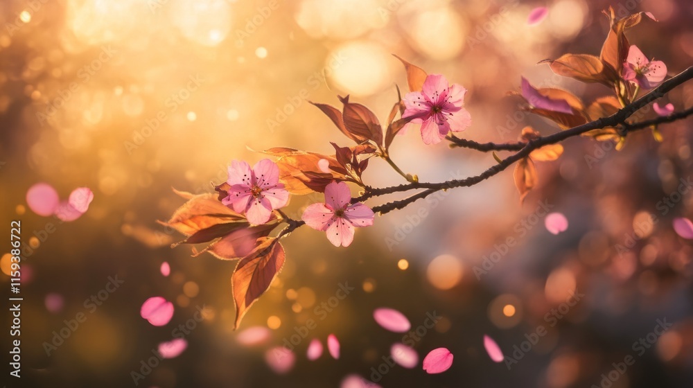 Cherry blossom branch in full bloom, pink petals falling, springtime atmosphere generative ai Cherry blossom branch in full bloom, pink petals falling, springtime atmosphere generative ai