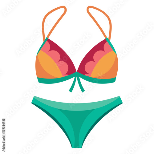 vibrant bikini illustration with scalloped design, stylish vector illustration of a bikini featuring orange, red, and teal colors with scalloped detailing and halter straps.
