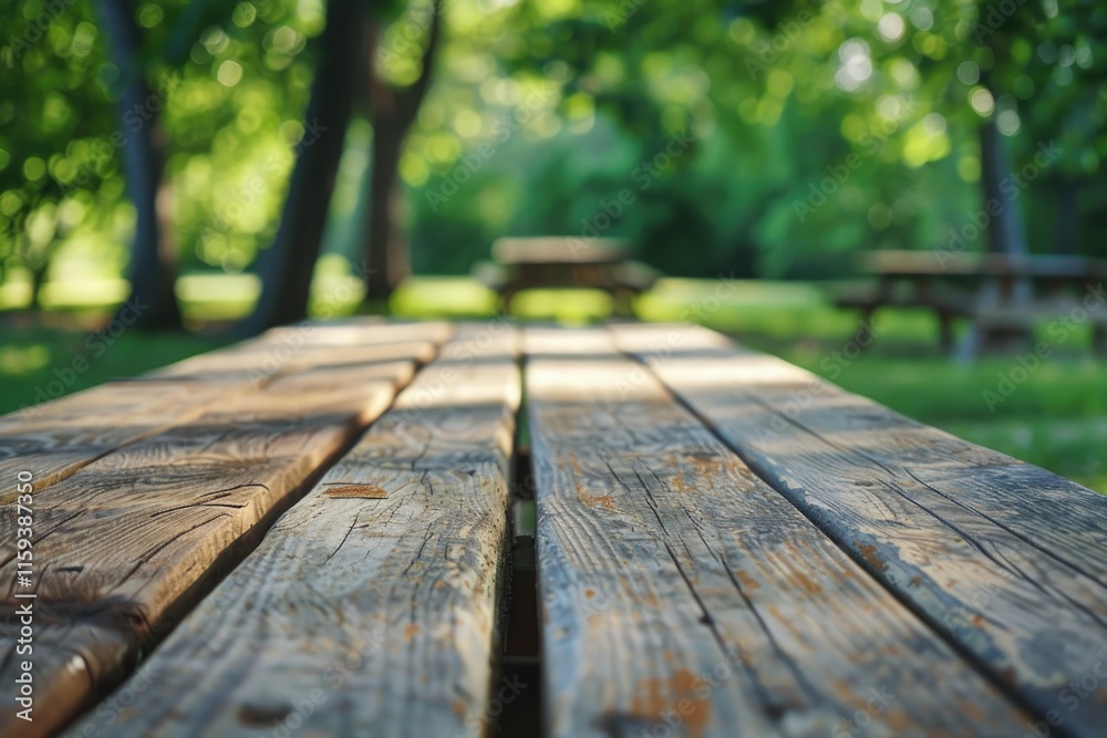 Wooden picnic table on grass with trees in background under sunlight. Wooden picnic table on grass with trees in background under sunlight.