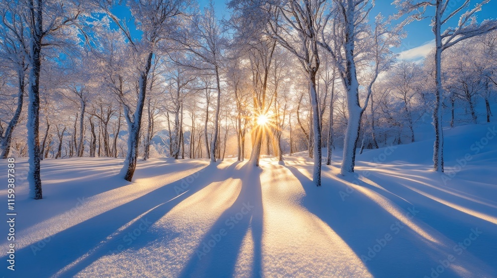 A stunning view of a snow-covered forest with sunlight streaming through the branches, casting long shadows on the ground. A stunning view of a snow-covered forest with sunlight streaming through the branches, casting long shadows on the ground.