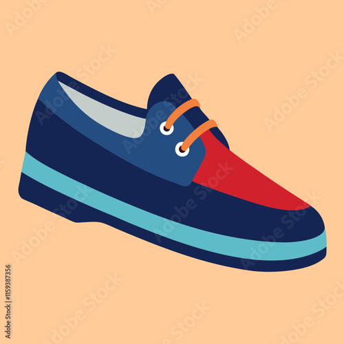 navy and red boat shoe with teal sole, vector illustration of a stylish boat shoe featuring navy and red panels with orange laces and a teal sole, designed in a flat modern style.
