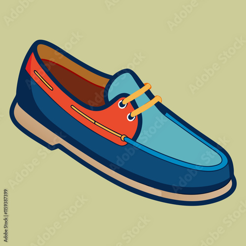 colorful boat shoe with blue and orange tones, vector illustration of a vibrant boat shoe featuring blue, orange, and teal panels with yellow laces, designed in a modern flat style.
