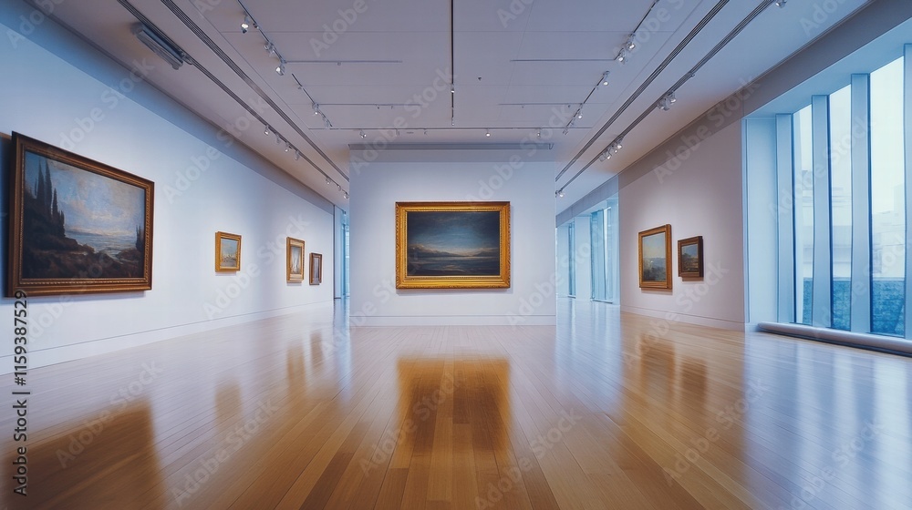 Luxurious art gallery showcasing exquisite paintings in a spacious, well lit environment with elegant wooden flooring. Generative AI Luxurious art gallery showcasing exquisite paintings in a spacious, well lit environment with elegant wooden flooring. Generative AI