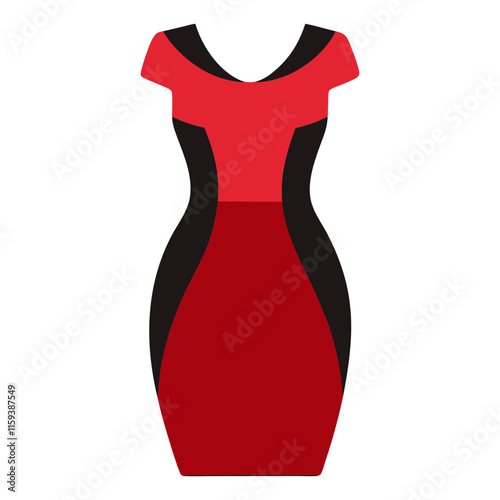 red and black color-block bodycon dress, vector illustration of a stylish red and black bodycon dress with a color-block design and cap sleeves in a sleek flat style.
