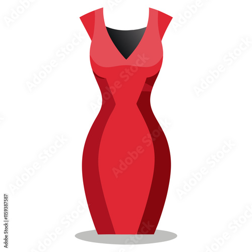 elegant red bodycon dress illustration, vector illustration of a sleek red bodycon dress with a deep neckline and cap sleeves, designed in a modern flat style.
