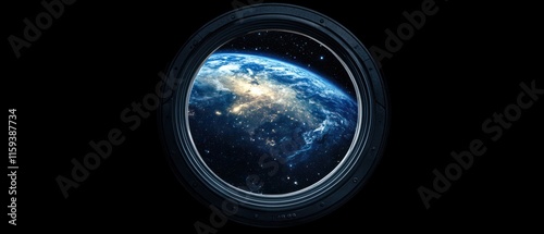 Earth viewed from spaceship porthole.