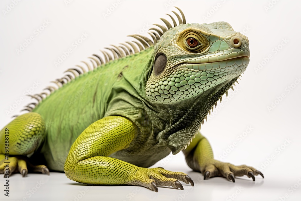Obraz premium A vibrant green iguana posing confidently in unique clothing, showcasing its striking features and personality.