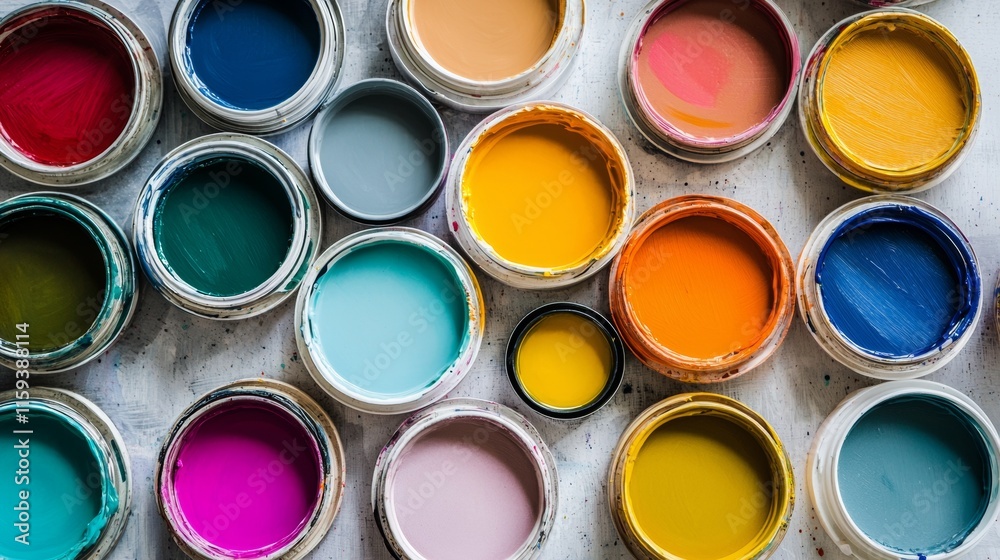 Fototapeta premium Colorful paint cans arranged artistically