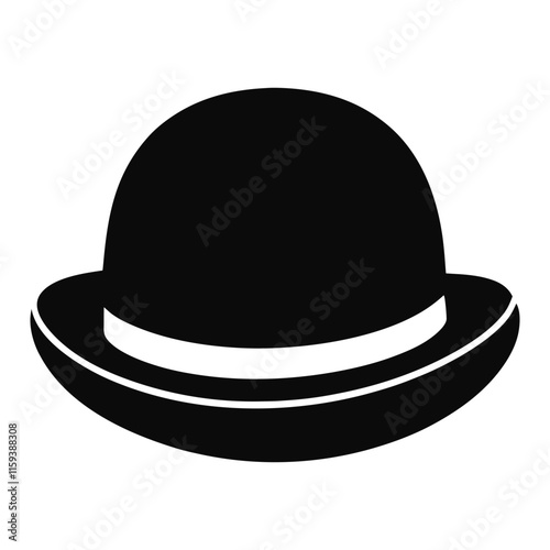 black bowler hat with white band, vector illustration of a black bowler hat featuring a simple white band, ideal for classic, formal, and vintage-inspired fashion themes.
