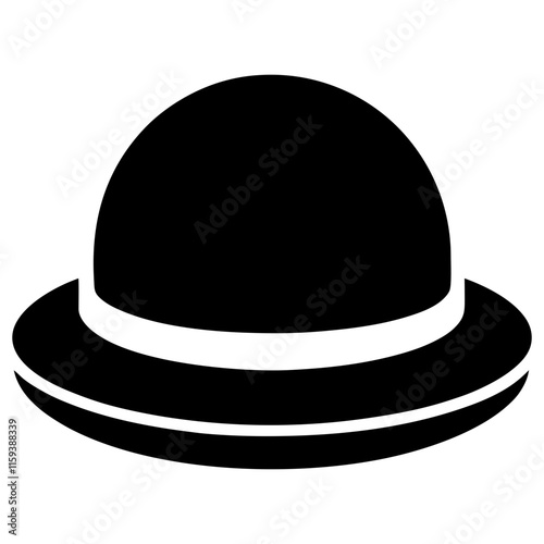 black bowler hat with white band, vector illustration of a black bowler hat featuring a simple white band, ideal for classic, formal, and vintage-inspired fashion themes.
