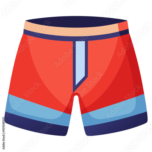 red shorts with blue accents and beige waistband, vector illustration of red shorts featuring blue accents, a beige waistband, and bold design elements, ideal for activewear and casual themes.
