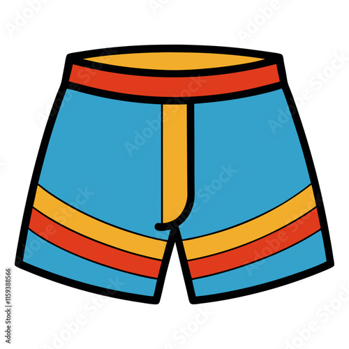 blue shorts with red and yellow accents, vector illustration of blue shorts featuring red and yellow stripes, a bold waistband, and black outlines, perfect for casual and activewear themes.
