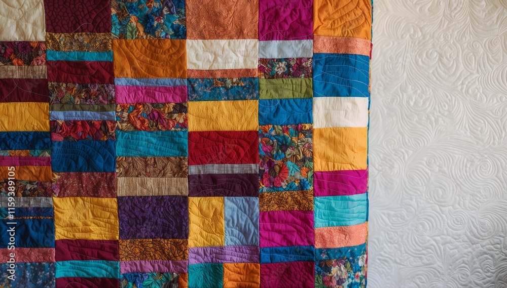 Vibrant patchwork quilt pattern featuring a kaleidoscope of colors and intricate stitched textures Vibrant patchwork quilt pattern featuring a kaleidoscope of colors and intricate stitched textures