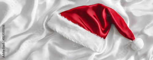 Classic Red Santa Hat on Silky White Fabric Background. AI generative.