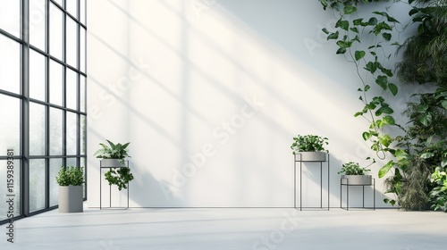 Modern minimalist greenhouse with minimal furniture. Featuring a clean, open design with contemporary lines