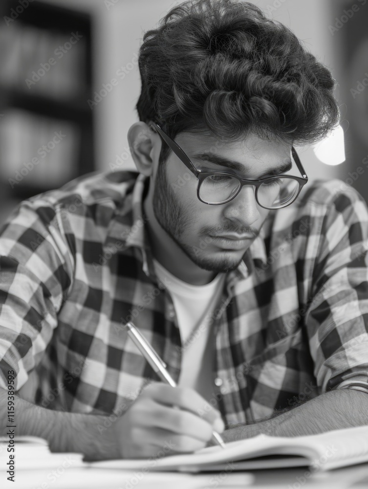 Young male with glasses, focused on writing homework or study notes. Young male with glasses, focused on writing homework or study notes.