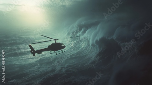 A helicopter navigates the turbulent ocean air as massive waves crash below, illuminated by a moody sunset in the background. Generative AI photo