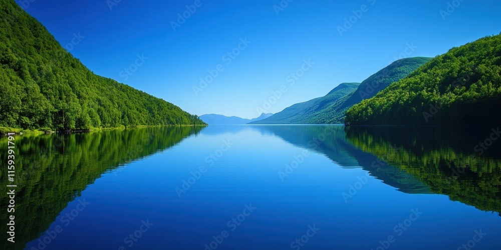 Calm waters of a lake mirror the vibrant green hills and clear blue sky, creating a picturesque and peaceful atmosphere in a natural setting. Generative AI Calm waters of a lake mirror the vibrant green hills and clear blue sky, creating a picturesque and peaceful atmosphere in a natural setting. Generative AI