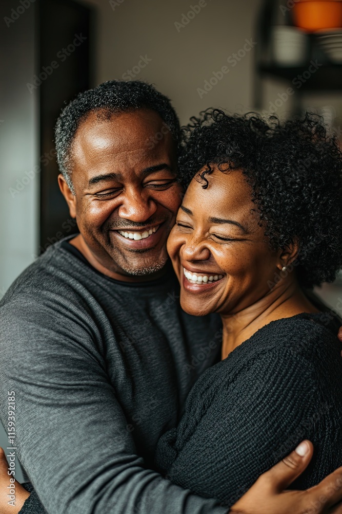 Couple hugging and laughing in the home kitchen with love, getting closer and smiling together with joy. Couple hugging and laughing in the home kitchen with love, getting closer and smiling together with joy.