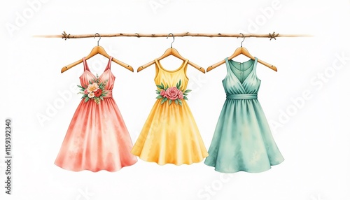 Colorful floral dresses hanging on wooden hangers against a white background