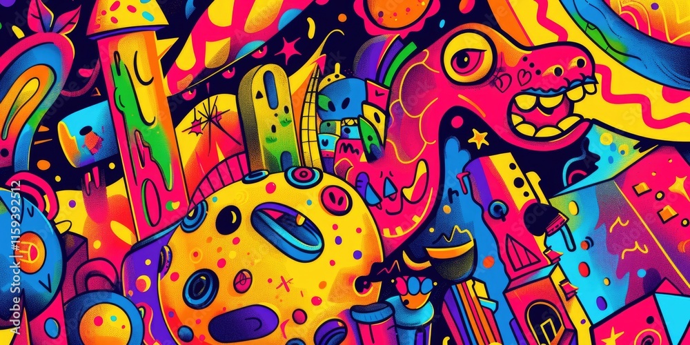 Vibrant psychedelic space scene with floating objects and stars Vibrant psychedelic space scene with floating objects and stars