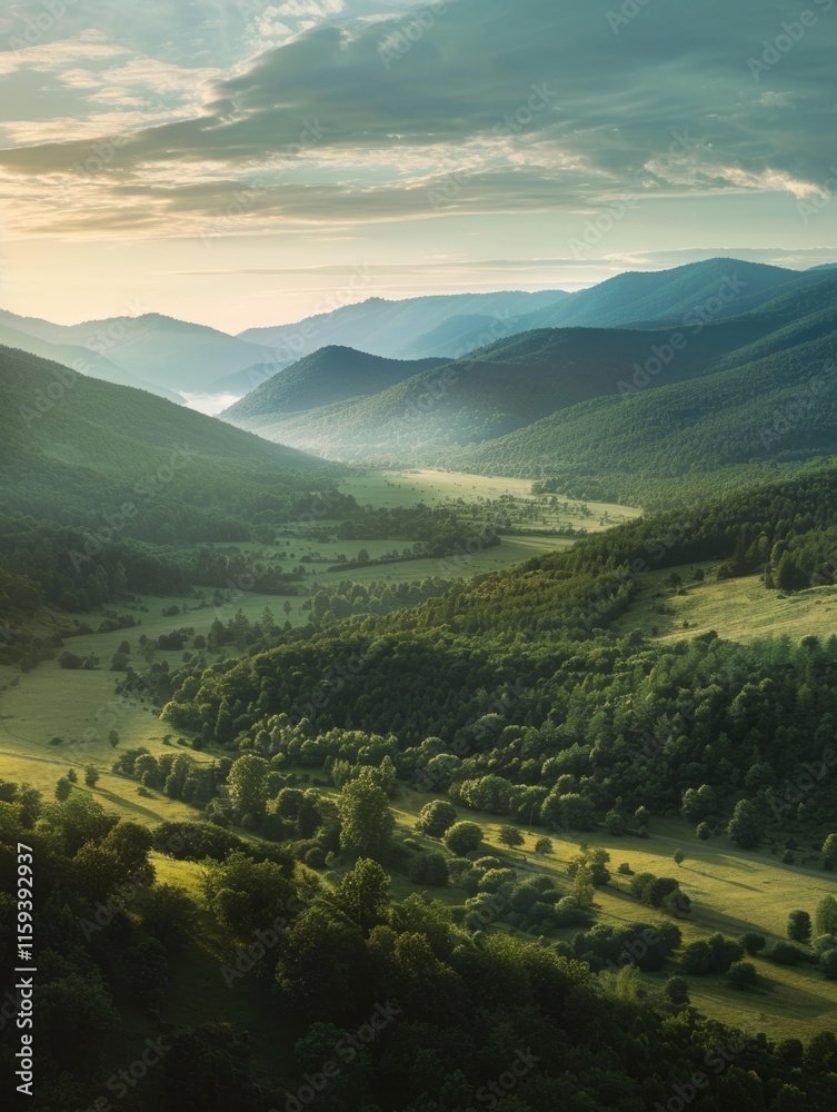 Fototapeta premium A tranquil mountainous landscape at sunrise, with verdant fields and forests, providing a serene outdoor adventure.