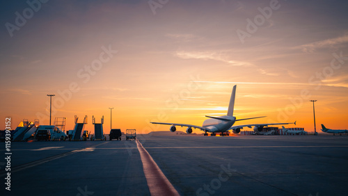 Traffic at airport at golden sunset. Wide shot of passenger airplane taking off from runway..