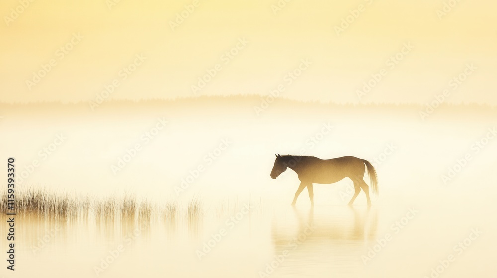 Fototapeta premium Horse walking misty golden water at sunrise