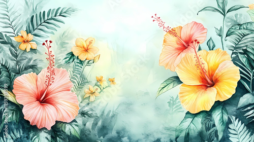 Hand drawn watercolor painting of yellow-pink hibiscus flowers and tropical plants. Bracken. Illustration photo